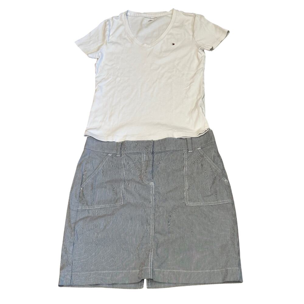 Tommy Hilfiger pinstripe mini Skirt Womens 6 M white Tee set Outfit retro Summer